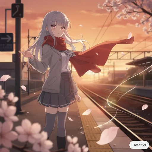 Flux 2 Pro: Anime girl with silver hair and a red scarf standing on a train platform at sunset, cherry petals in the wind, cel shading, soft glow