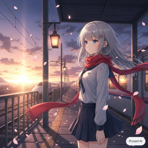 Nano Banana: Anime girl with silver hair and a red scarf standing on a train platform at sunset, cherry petals in the wind, cel shading, soft glow