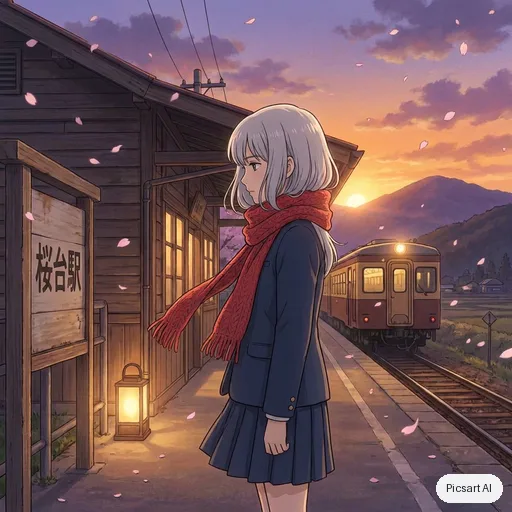 Nano Banana Pro: Anime girl with silver hair and a red scarf standing on a train platform at sunset, cherry petals in the wind, cel shading, soft glow
