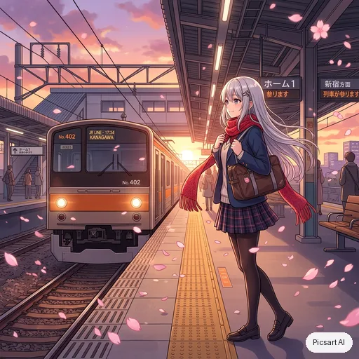 Nano Banana 2: Anime girl with silver hair and a red scarf standing on a train platform at sunset, cherry petals in the wind, cel shading, soft glow