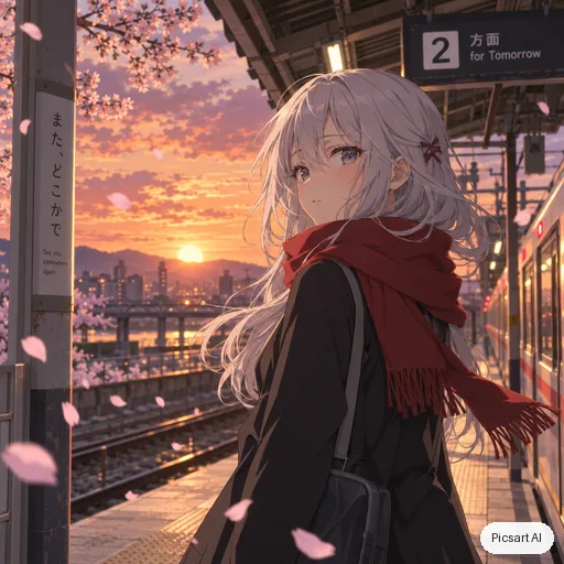 GPT Image 2.5 Sunburst: Anime girl with silver hair and a red scarf standing on a train platform at sunset, cherry petals in the wind, cel shading, soft glow