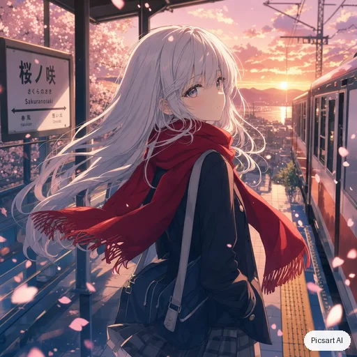 GPT Image 2: Anime girl with silver hair and a red scarf standing on a train platform at sunset, cherry petals in the wind, cel shading, soft glow