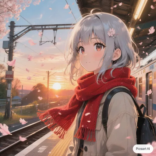Hunyuan V3: Anime girl with silver hair and a red scarf standing on a train platform at sunset, cherry petals in the wind, cel shading, soft glow