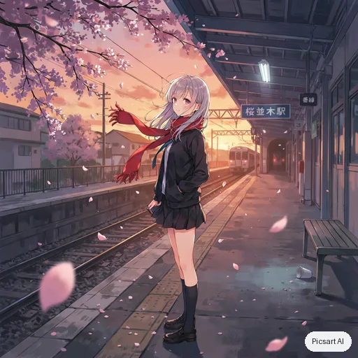 Ideogram 4.5: Anime girl with silver hair and a red scarf standing on a train platform at sunset, cherry petals in the wind, cel shading, soft glow