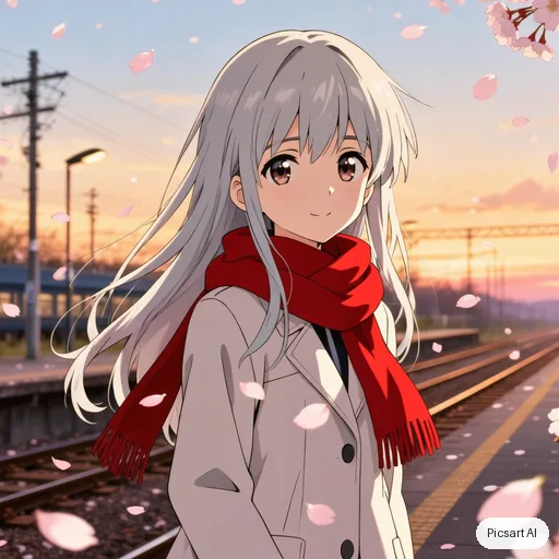 Kling 3.0 Image: Anime girl with silver hair and a red scarf standing on a train platform at sunset, cherry petals in the wind, cel shading, soft glow