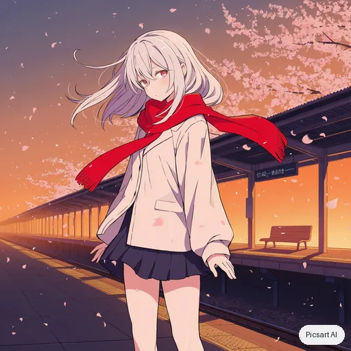 Luma UNI-1: Anime girl with silver hair and a red scarf standing on a train platform at sunset, cherry petals in the wind, cel shading, soft glow