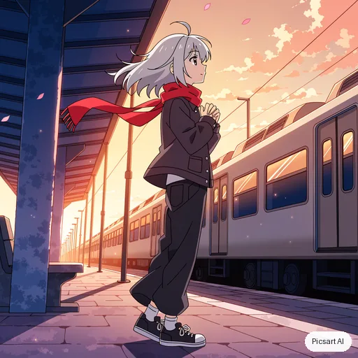 Recraft V4.1: Anime girl with silver hair and a red scarf standing on a train platform at sunset, cherry petals in the wind, cel shading, soft glow