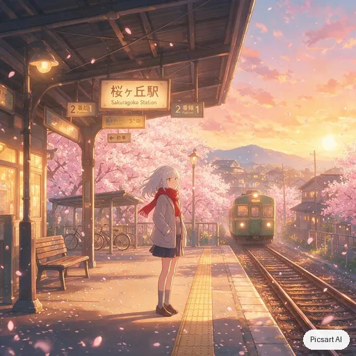 Seedream 5.0 Pro: Anime girl with silver hair and a red scarf standing on a train platform at sunset, cherry petals in the wind, cel shading, soft glow