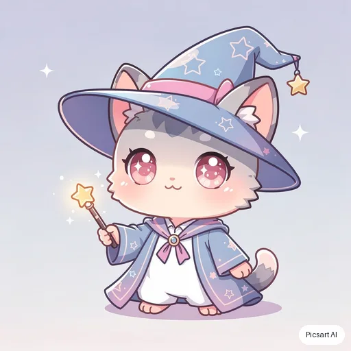 Flux 2 Pro: cute chibi cat wizard, pastel, simple background