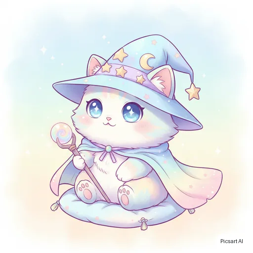 Nano Banana: cute chibi cat wizard, pastel, simple background