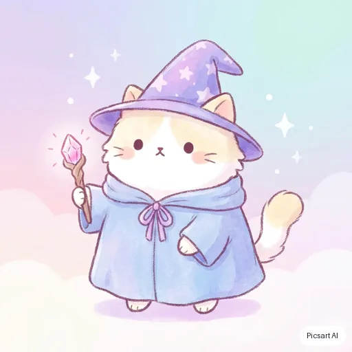 Nano Banana Pro: cute chibi cat wizard, pastel, simple background