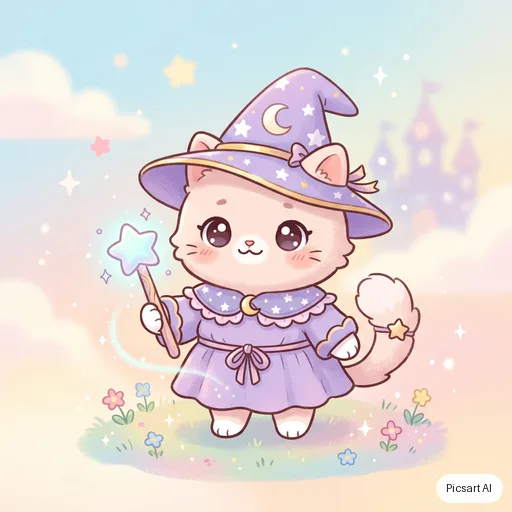 Nano Banana 2: cute chibi cat wizard, pastel, simple background
