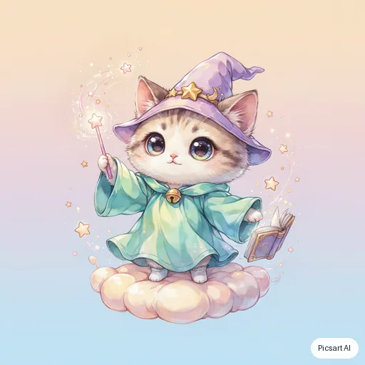 Ideogram 4.5: cute chibi cat wizard, pastel, simple background