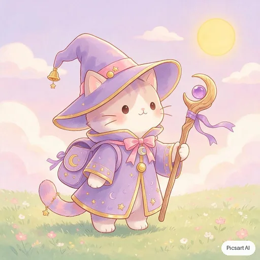 Seedream 5.0 Pro: cute chibi cat wizard, pastel, simple background