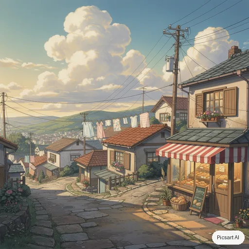 Flux 2 Pro: Hand-painted anime film background: a quiet hillside town with laundry lines, a bakery with a striped awning and big cumulus clouds, warm afternoon light, no people