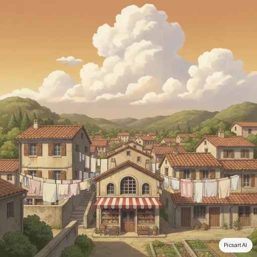 Nano Banana: Hand-painted anime film background: a quiet hillside town with laundry lines, a bakery with a striped awning and big cumulus clouds, warm afternoon light, no people