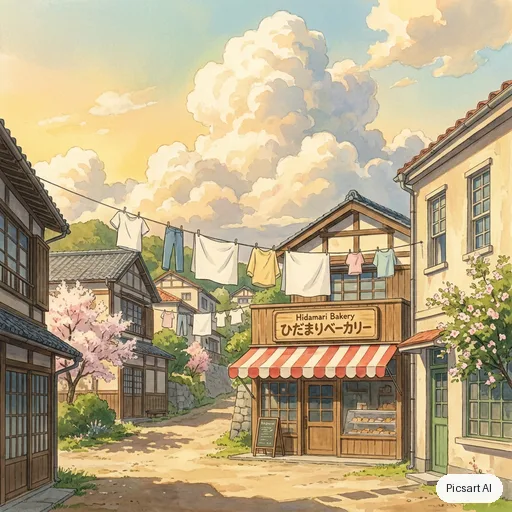 Nano Banana Pro: Hand-painted anime film background: a quiet hillside town with laundry lines, a bakery with a striped awning and big cumulus clouds, warm afternoon light, no people