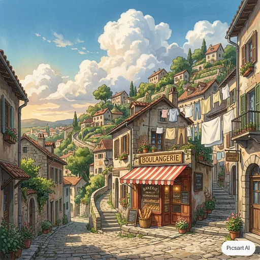 Nano Banana 2: Hand-painted anime film background: a quiet hillside town with laundry lines, a bakery with a striped awning and big cumulus clouds, warm afternoon light, no people