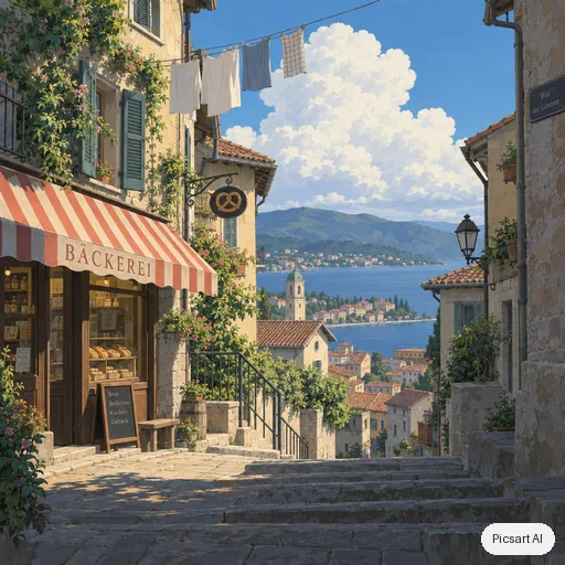 GPT Image 2.5 Sunburst: Hand-painted anime film background: a quiet hillside town with laundry lines, a bakery with a striped awning and big cumulus clouds, warm afternoon light, no people