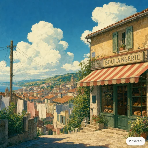 GPT Image 2: Hand-painted anime film background: a quiet hillside town with laundry lines, a bakery with a striped awning and big cumulus clouds, warm afternoon light, no people