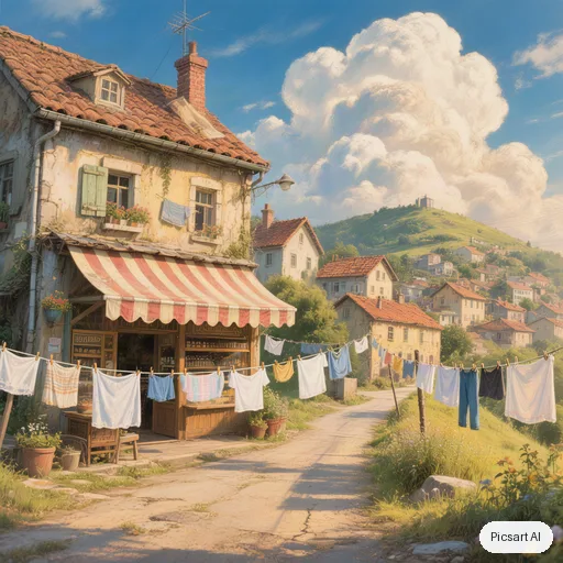 Hunyuan V3: Hand-painted anime film background: a quiet hillside town with laundry lines, a bakery with a striped awning and big cumulus clouds, warm afternoon light, no people