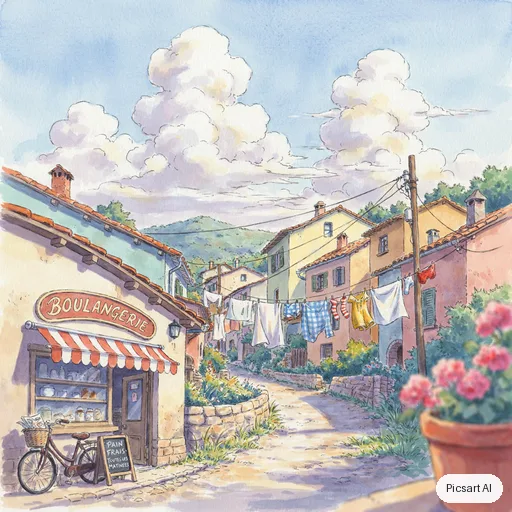 Ideogram 4.5: Hand-painted anime film background: a quiet hillside town with laundry lines, a bakery with a striped awning and big cumulus clouds, warm afternoon light, no people