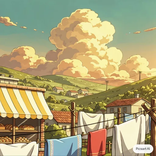 Kling 3.0 Image: Hand-painted anime film background: a quiet hillside town with laundry lines, a bakery with a striped awning and big cumulus clouds, warm afternoon light, no people