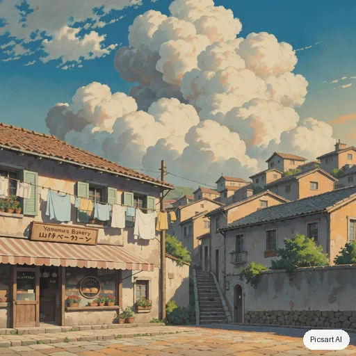 Luma UNI-1: Hand-painted anime film background: a quiet hillside town with laundry lines, a bakery with a striped awning and big cumulus clouds, warm afternoon light, no people