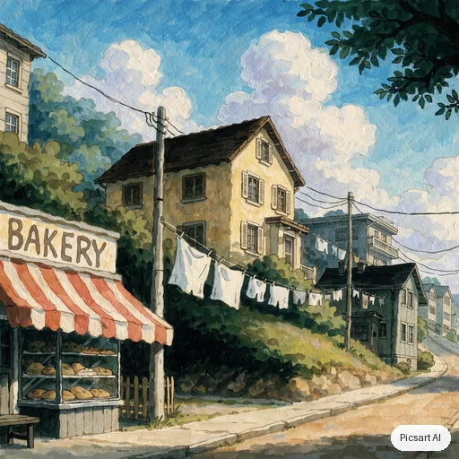 Recraft V4.1: Hand-painted anime film background: a quiet hillside town with laundry lines, a bakery with a striped awning and big cumulus clouds, warm afternoon light, no people