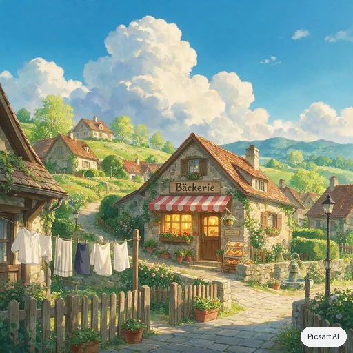 Seedream 5.0 Pro: Hand-painted anime film background: a quiet hillside town with laundry lines, a bakery with a striped awning and big cumulus clouds, warm afternoon light, no people