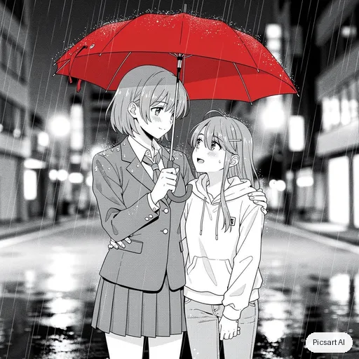 Flux 2 Pro: Manga-style illustration of two friends sharing an umbrella in the rain, black ink lines with screentone shading, one spot of colour on the umbrella