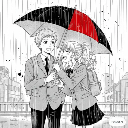 Nano Banana: Manga-style illustration of two friends sharing an umbrella in the rain, black ink lines with screentone shading, one spot of colour on the umbrella