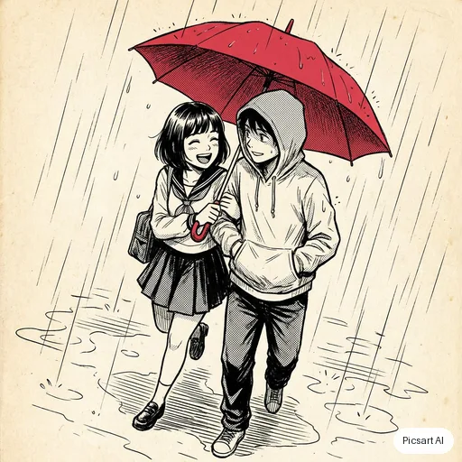 Nano Banana Pro: Manga-style illustration of two friends sharing an umbrella in the rain, black ink lines with screentone shading, one spot of colour on the umbrella