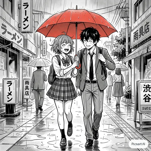 Nano Banana 2: Manga-style illustration of two friends sharing an umbrella in the rain, black ink lines with screentone shading, one spot of colour on the umbrella
