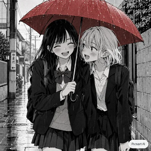 GPT Image 2.5 Sunburst output for: Manga-style illustration of two friends sharing an umbrella in the rain, black ink lines with screentone shading, one spot of colour on the umbrella