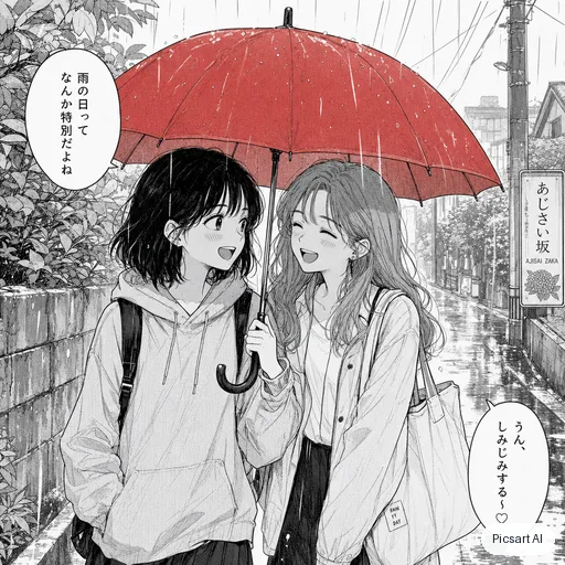 GPT Image 2: Manga-style illustration of two friends sharing an umbrella in the rain, black ink lines with screentone shading, one spot of colour on the umbrella