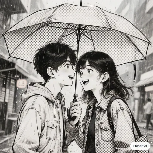 Hunyuan V3: Manga-style illustration of two friends sharing an umbrella in the rain, black ink lines with screentone shading, one spot of colour on the umbrella