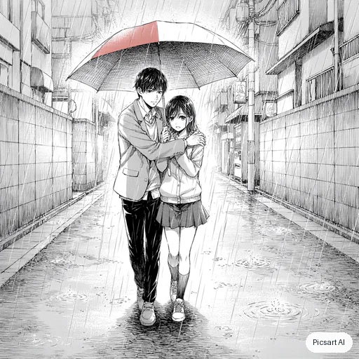 Ideogram 4.5: Manga-style illustration of two friends sharing an umbrella in the rain, black ink lines with screentone shading, one spot of colour on the umbrella