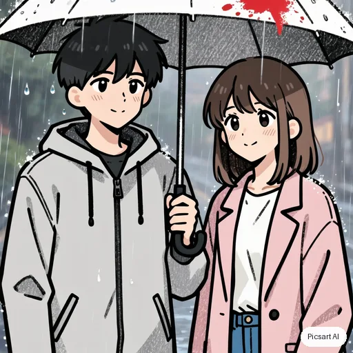 Kling 3.0 Image: Manga-style illustration of two friends sharing an umbrella in the rain, black ink lines with screentone shading, one spot of colour on the umbrella