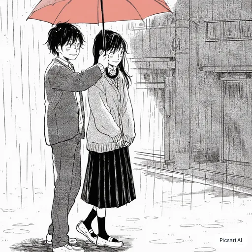 Luma UNI-1: Manga-style illustration of two friends sharing an umbrella in the rain, black ink lines with screentone shading, one spot of colour on the umbrella