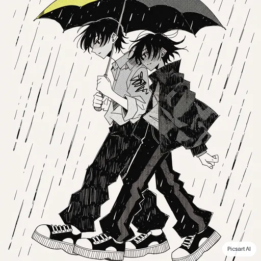 Recraft V4.1: Manga-style illustration of two friends sharing an umbrella in the rain, black ink lines with screentone shading, one spot of colour on the umbrella