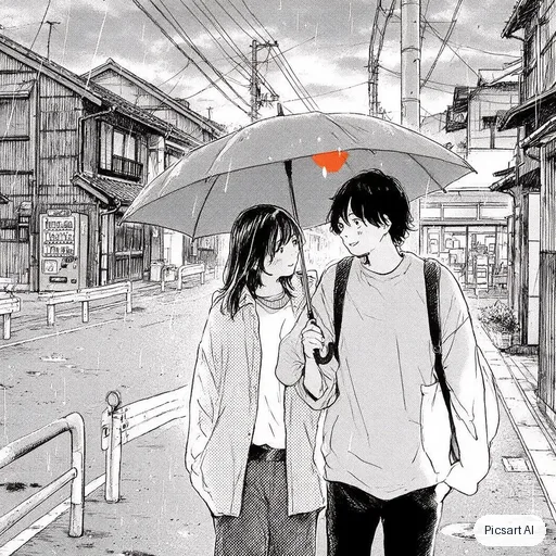 Seedream 5.0 Pro: Manga-style illustration of two friends sharing an umbrella in the rain, black ink lines with screentone shading, one spot of colour on the umbrella