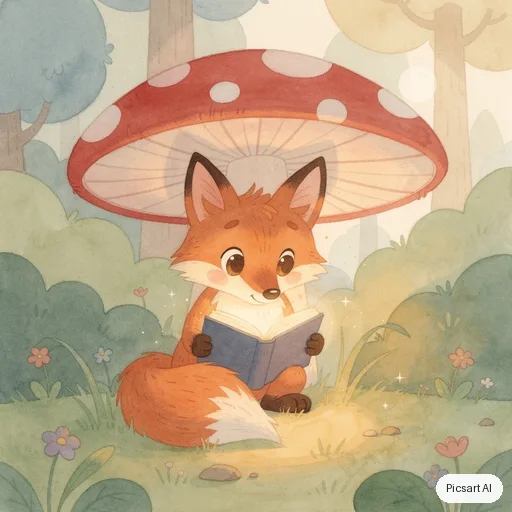 Flux 2 Pro: Children's book illustration of a shy fox reading a book under a big mushroom, soft watercolour texture, friendly rounded shapes