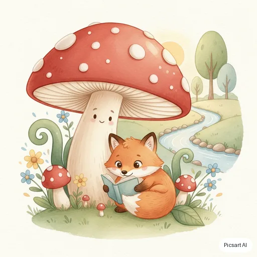 Nano Banana: Children's book illustration of a shy fox reading a book under a big mushroom, soft watercolour texture, friendly rounded shapes