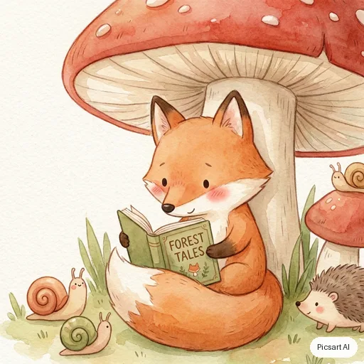 Nano Banana Pro: Children's book illustration of a shy fox reading a book under a big mushroom, soft watercolour texture, friendly rounded shapes