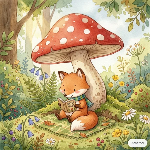 Nano Banana 2: Children's book illustration of a shy fox reading a book under a big mushroom, soft watercolour texture, friendly rounded shapes