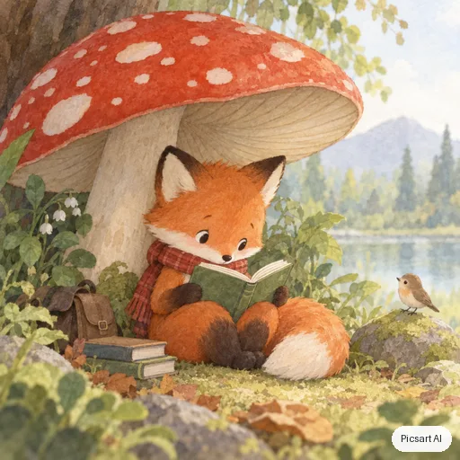 GPT Image 2.5 Sunburst output for: Children's book illustration of a shy fox reading a book under a big mushroom, soft watercolour texture, friendly rounded shapes
