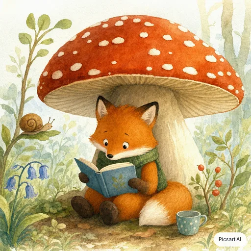 GPT Image 2: Children's book illustration of a shy fox reading a book under a big mushroom, soft watercolour texture, friendly rounded shapes