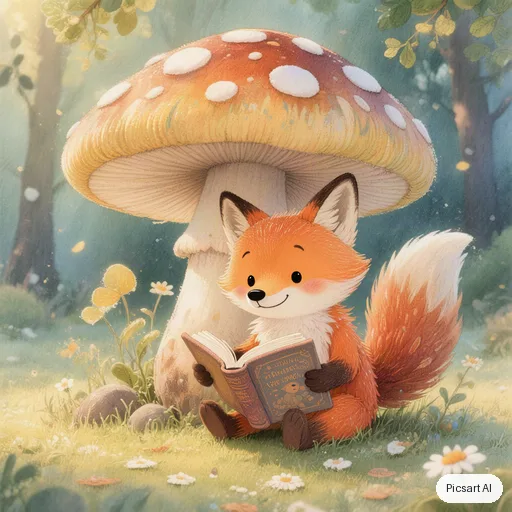Hunyuan V3: Children's book illustration of a shy fox reading a book under a big mushroom, soft watercolour texture, friendly rounded shapes