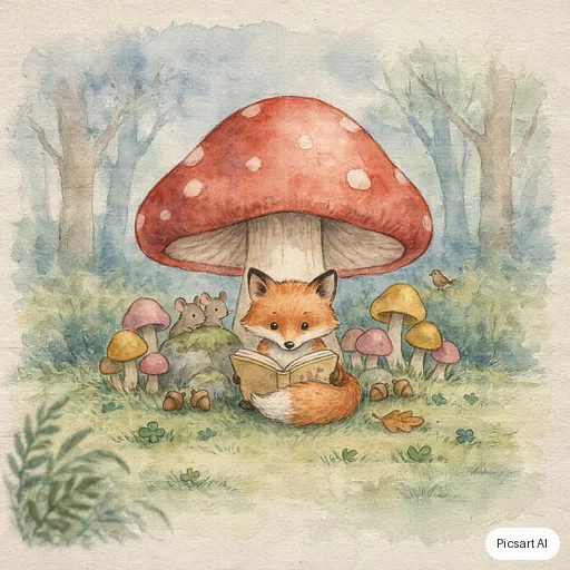 Ideogram 4.5: Children's book illustration of a shy fox reading a book under a big mushroom, soft watercolour texture, friendly rounded shapes